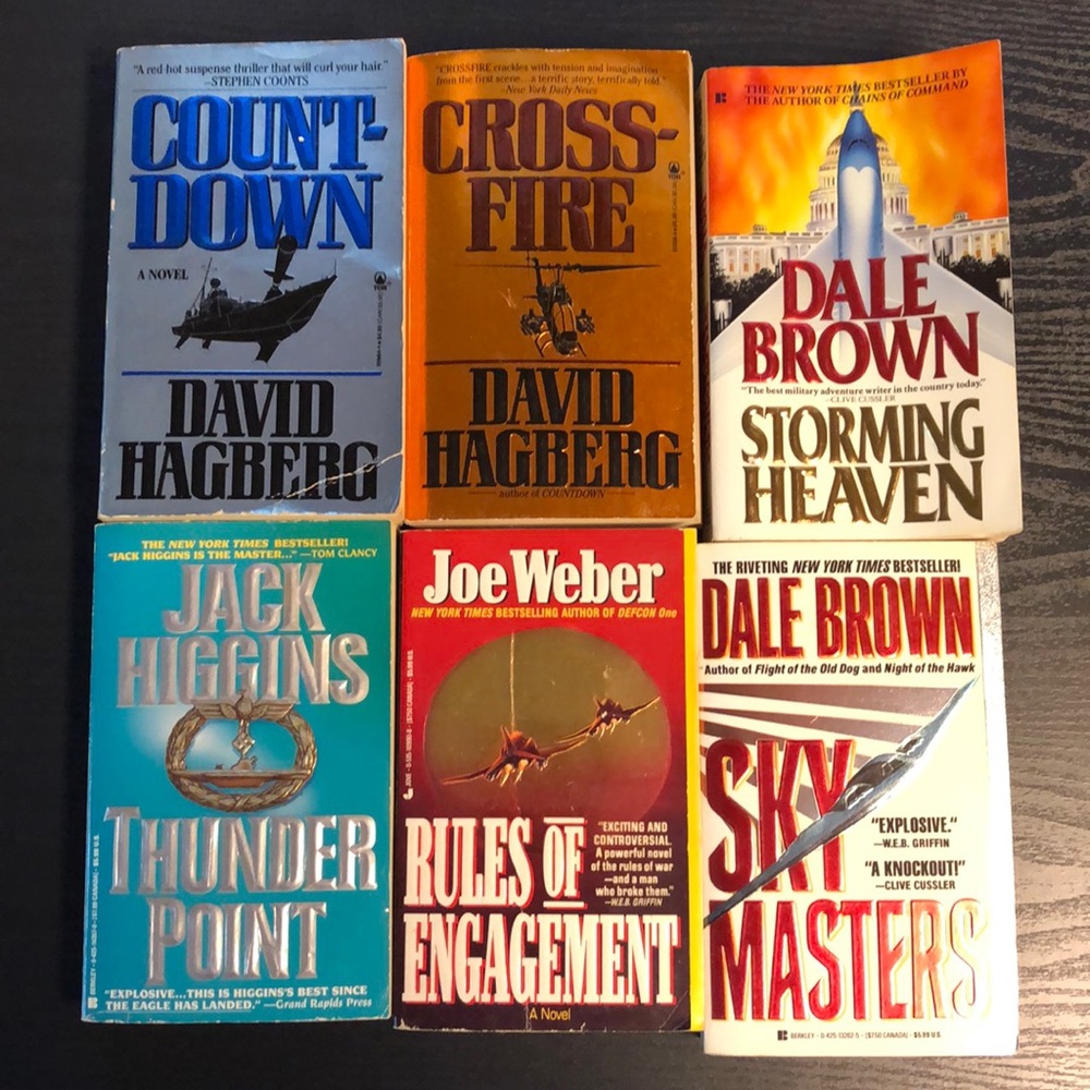 Lot of 6 thriller paperback novels by Dale Brown, Jack Higgins, David Hagberg
